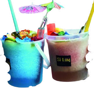 Two SiLom cocktail buckets with umbrellas and straws