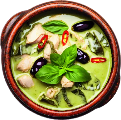 Green curry in a clay pot