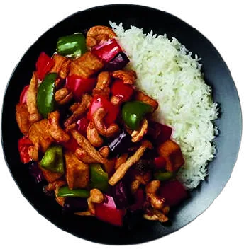 A lunch plate of stir-fried chicken with rice